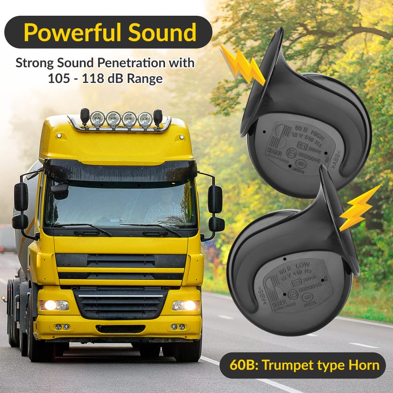 SEGER Trumpet Car Horn Set - Truck Horn - Waterproof - High/Low Tone, 12 Volt, Universal Fit - Original 60B Series â€“ European Made 12V Loud Car Horns with Brackets and Assembly Kit - Image 2
